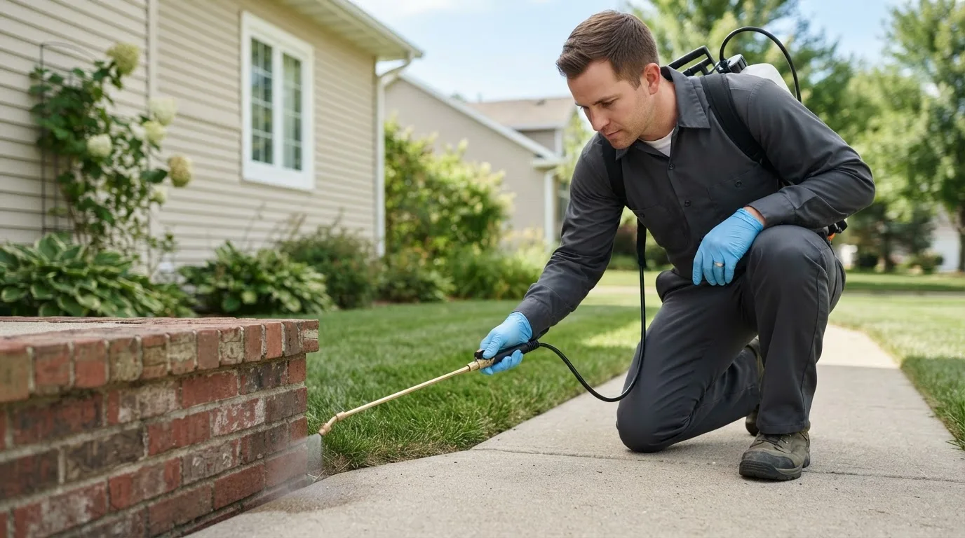 Pest control technician treating a home near Drury, MO