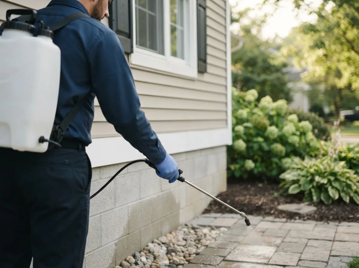 Pest control technician inspecting a home in Drury, MO